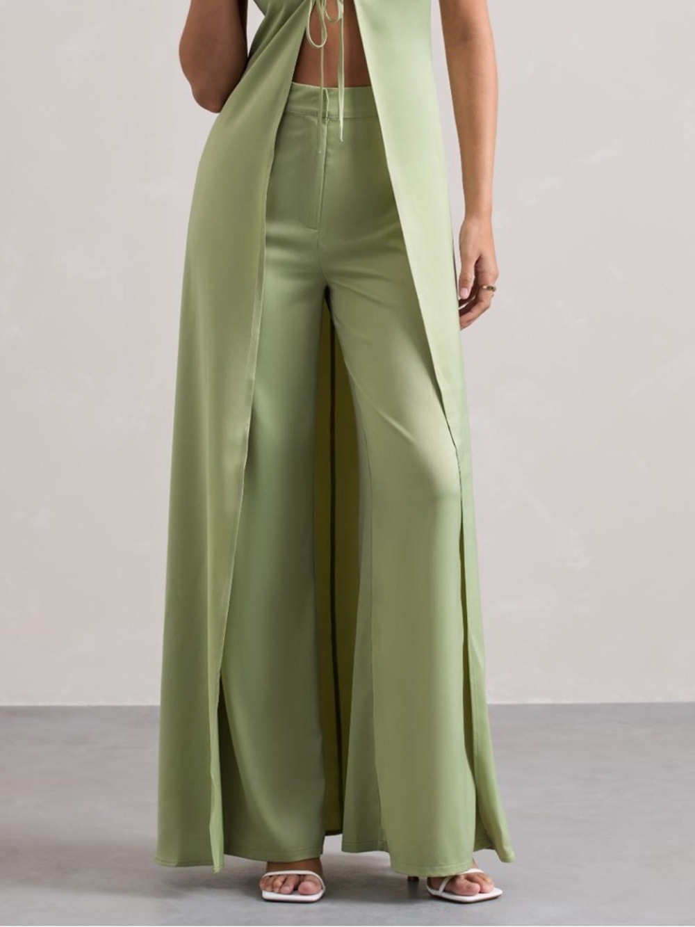 NWT Club L London Satin Wide Leg Trouser Sage Green High Rise Size US 8